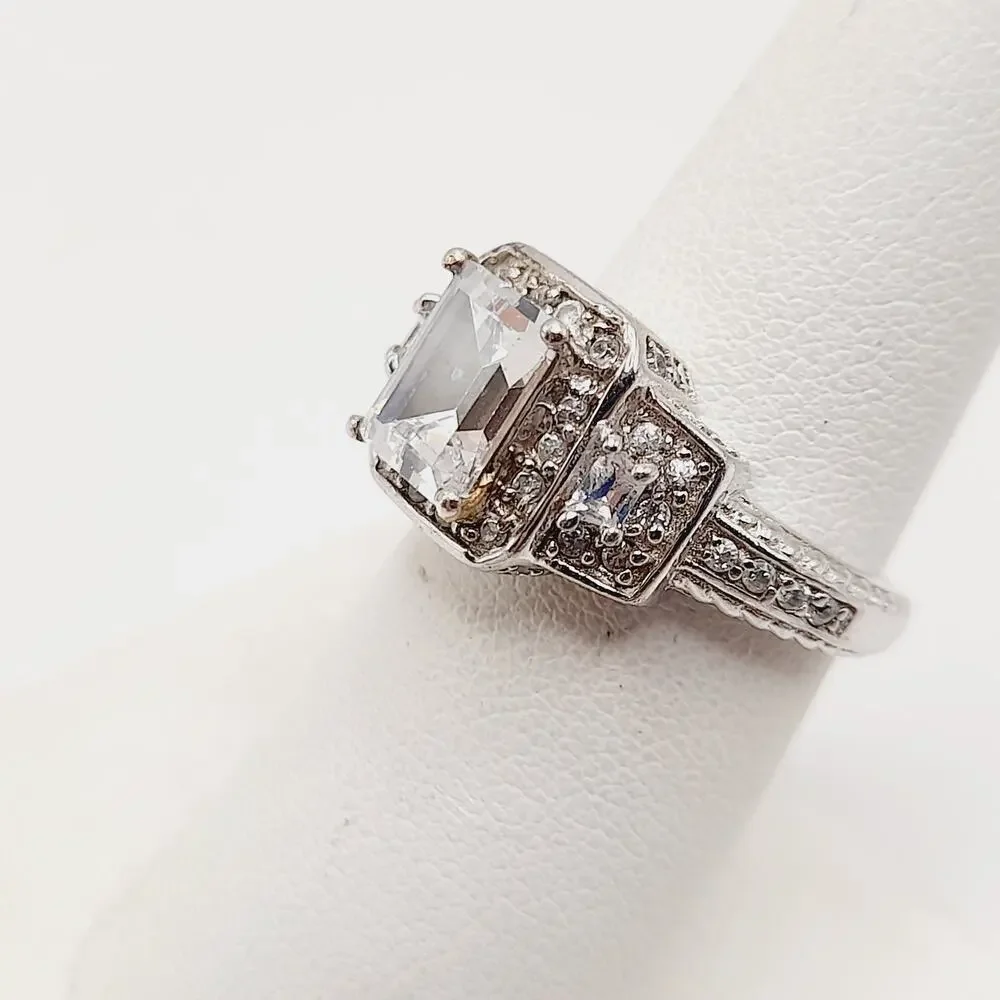 Vintage PJM 925 Sterling Silver Ring – Emerald-Cut Quartz/CZ – Size 7